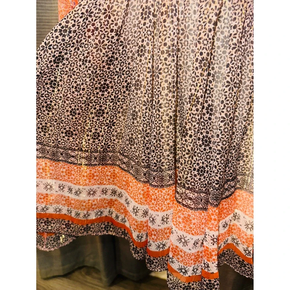 P2 Free People Aliyah Peasant Tunic Top Orange Mixed Print Metallic Boho Medium - Picture 4 of 7